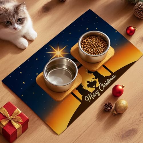 HOMETITUTE Christmas Nativity Scene Pet Food Mats Jesus Birth Design Non-Slip Pet Feeding Mat Easy Clean Fast Dry Mat for Dog Food and Water Bowls 20" x 12"Christmas Absorbent Pets Bowl Mat - color: black