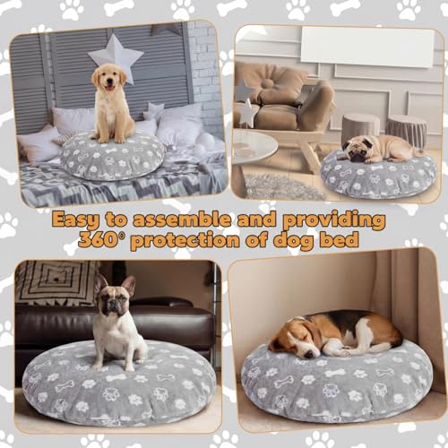 Oudain Washable Round Dog Bed Cover 30 x 30 x 10 Gray Paw Bone Prints Waterproof Dog Bed Cover Replacement for Round and Donut Dogs Beds Scratch Resistant Mattress Protector - size: 30" X 30" X 10", style: Gray Bone Paw Print