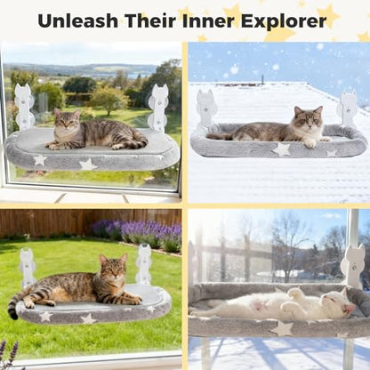 Cat Window Perch,Cordless Cat Window Hammock for Wall with 4 Strong Suction Cups,Solid Metal Frame and Two Replaceable Covers,Foldable Cats Bed for Large Cats and Kittens,Indoor Pet Seat,Grey L - size: Large