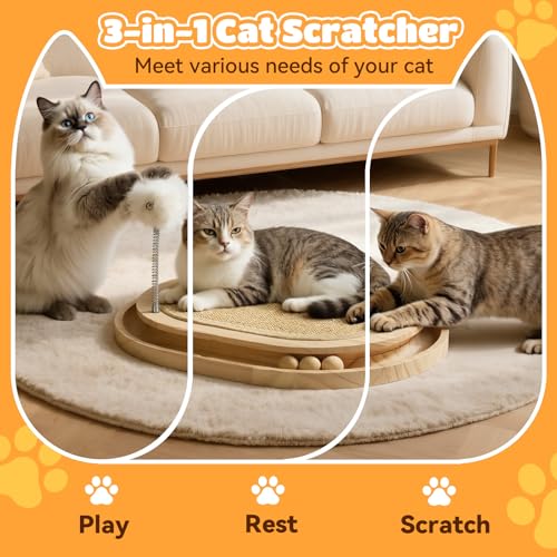 Cat Scratcher, Natural Sisal Scratching Pad, Kitten Interactive Toy with Ball Track & 3 Spring Plush Toys for Chasing Hunting Exercise, Round Wooden Cat Scratchers for Indoor