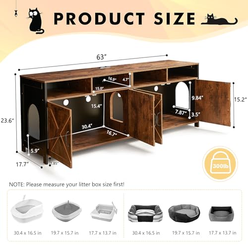 Double Cat Litter Box Enclosure for 2 Cats, 63" Hidden Litter Box Furniture with Outlet Power, Farmhouse Large Litter Box Cabinet TV Stand, 63 x 17.7 x 23.6 in, Black Brown