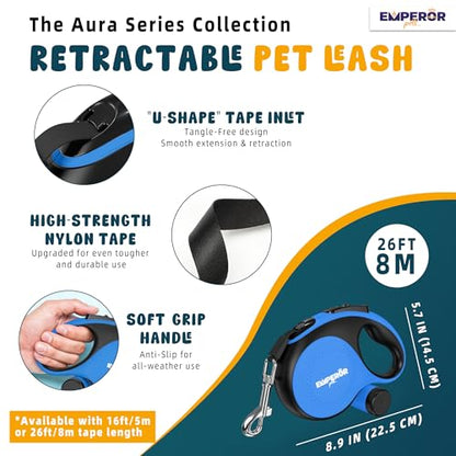 26 ft Retractable Dog Leash Blue - Heavy Duty Retractable Pet Leash with Anti-Slip Grip for Medium to Large Dogs up to 110 lbs -Aura BL26 - color: Blue, size: 26 ft