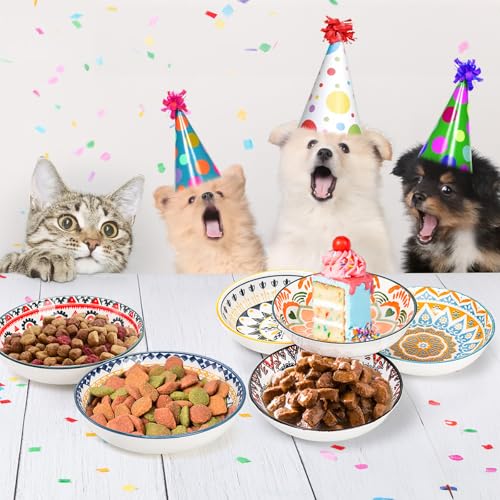Foraineam 6 Pack 5.5 inch Wide Shallow Cat Food Bowl Set Ceramic Cat Bowls, 8oz Whisker Friendly Cat Dishes, Colorful Kitten Feeding Bowls for Food and Water, Microwave and Dishwasher Safe