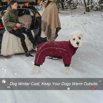 Four Leged Dog Winter Coat, Fullbody Warm Fleece Dog Jacket, Reflective Puppy Cold Weather Coats with Leash Hole & Drawstring, Back Zipper Water-Resistant Doggie Winter Clothes - color: Dark Red, size: Large