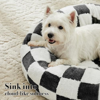 Ohocut Checkered Dog Bed, Cute Black White Retro Style Aesthetic Round Warming Pet Calming Beds for Small Dog and Cats, Plush Cozy Donut Dog Beds Washable, 30" L x 30" W x 8" Th - color: Black, size: 30"L x 30"W x 8"Th