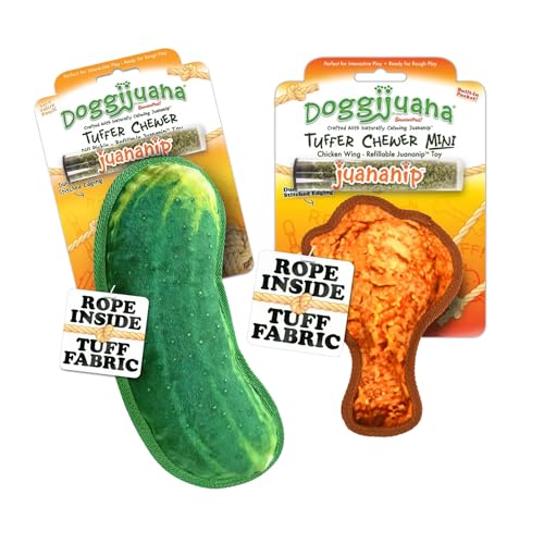 Doggijuana Cafe Combo Refillable Juananip Toy Bundle | Dill Pickle & Chicken Wing | Funny Dog Toy Plush with Catnip and Refill | Interactive Chew for Play - style: Dill Pickle & Chicken Wing