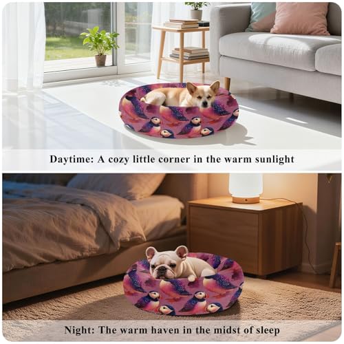 Pet Bed Puffins Purple Cat Snuggler Soft Winter Cushion, Cozy Round Bolster Nest for Indoor Kittens & Small Pets 15" - size: X-Small