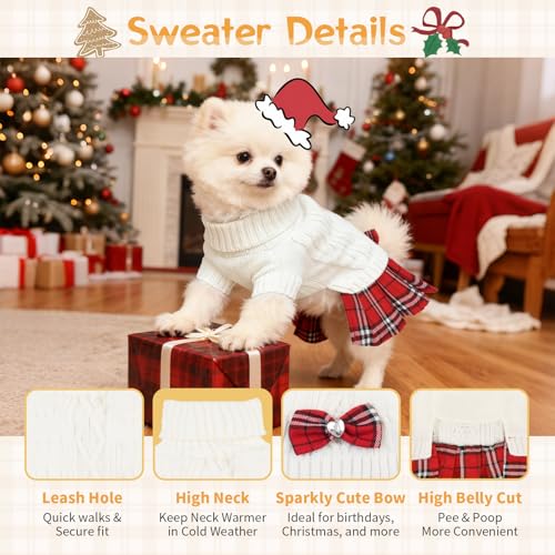 Dog Sweater Dresses for Small Dogs Girl with Bow & Plaid Skirt Soft Tureleneck Dog Sweater with Leash Hole Pet Clothes in Winter Thick Warm Pullover Pet Coats (White S) - color: White, size: Small (5-9lbs)