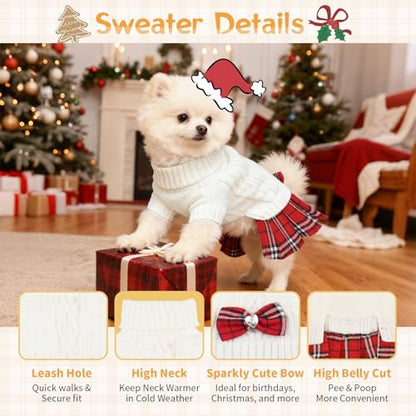 Dog Sweater Dress with Bowtie Turtleneck Warm Pullover Pet Sweater Soft Comfy Knitwear Dog Sweaters for Small Dogs Girl Pet Winter Clothes Cat Apparel with Leash Hole (White M) - color: White, size: Medium (9-15lbs)