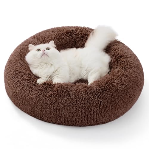 Bedsure Calming Donut Cat Bed - Fluffy Plush Round Pet Bed for Kitten & Puppy, Washable Anti-Anxiety Soft Comfy Cuddler, 20x20 Inches, Brown (Basic Version) - color: Brown, size: 20x20x5