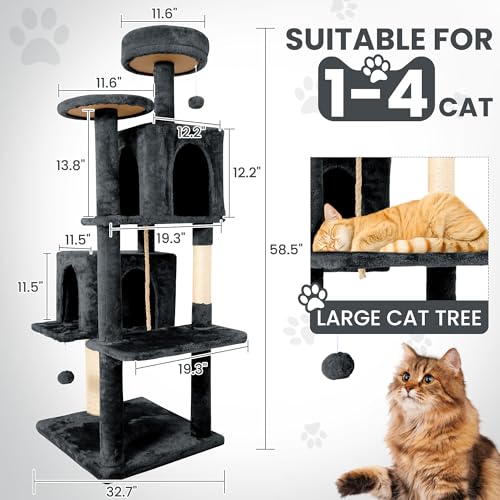 58.5inch Large Cat Tree Tower Condo for Indoor Cats, Soft Plush Multi-Level Climbing Tree Cat House, Scratching Post, More Entrance/Exit, Sisal Rope, Black Grey - color: Black Grey