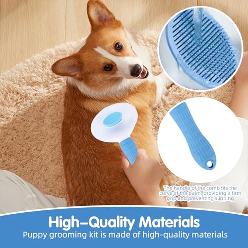 Aglads 3PCS Cat Rabbit Bunny Dog Grooming Kit, Self-Cleaning Slicker Cat & Dog Brush for Shedding, Fine-Needle Comb, Pet Nail Clipper & File for Long/Short-Haired Pets, Easy to Remove Loose (3, blue)