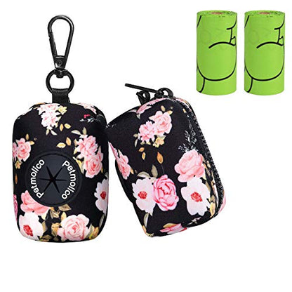 Dog Poop Bag Holder Leash Attachment, Waste Bag Dispenser Zippered Pouch, Fits Any Leash, Includes Free Roll of Bags, 2 Packs - Pink Rose - color: Black with Pink Rose