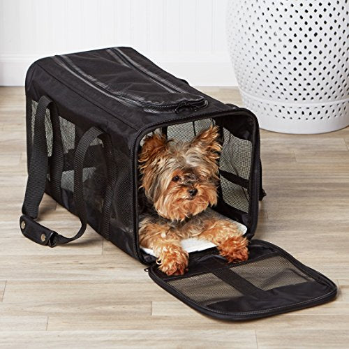 Amazon Basics Airline Approved Soft-Sided Mesh Pet Travel Carrier with Shoulder Strap, Removable Washable Fleece Pad, Top Opening, Ventilation for Dog, Cat, up to 22 pounds, 19.7Lx12Wx12H in., Black - size: 20.0"L x 12.0"W x 12.0"H