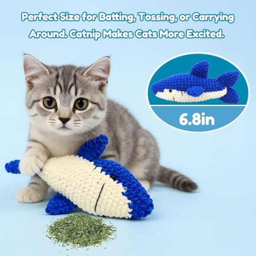 Catnip Fish Toy - Hand-Crocheted with Real Catnip & Bell, Interactive Kicker Toy for Cats Kitten, Soft & Safe for Biting - color: Shark