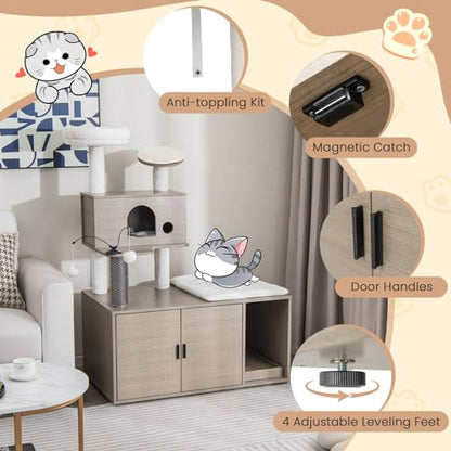 Tangkula Cat Tree with Litter Box Enclosure, Cat Tower with Litter Box, Cat Condo, Scratching Board, Soft Plush Perch, Dangling Balls, Groomer, Modern Hidden Litter Box Furniture for Indoor Cats