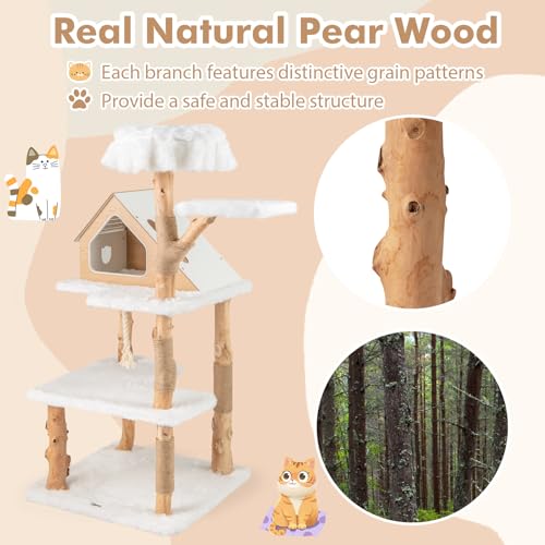 Tangkula Solid Wood Cat Tree, Modern Wooden Cat Tower with Jute Scratching Posts, 2 Perches, Condo, Sisal Rope, Soft Long Plush, 60 Inch Tall Cat Tree Tower for Indoor Cats Large Adult - style: Triangle Condo