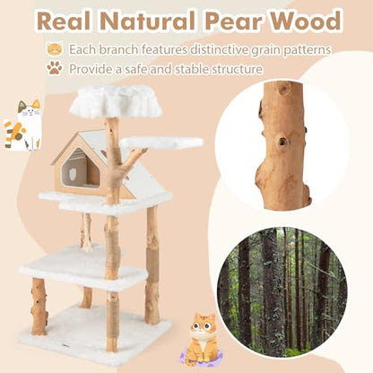 Tangkula Solid Wood Cat Tree, Modern Wooden Cat Tower with Jute Scratching Posts, 2 Perches, Condo, Sisal Rope, Soft Long Plush, 60 Inch Tall Cat Tree Tower for Indoor Cats Large Adult - style: Triangle Condo