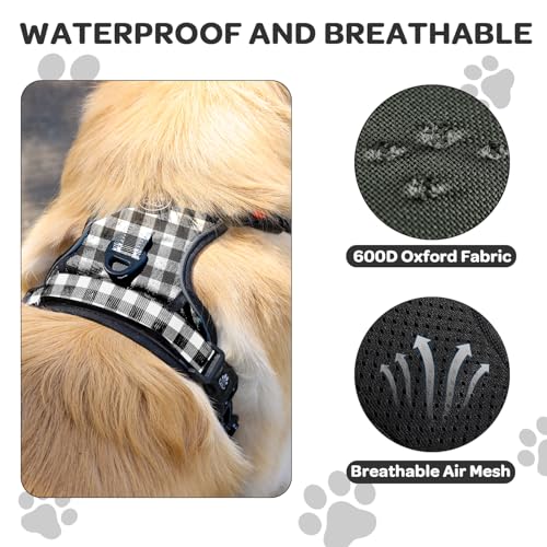 Plaid Dog Harness for Medium Dogs, Reflective No Pull Adjustable Pet Vest with Front Clip, Leash, Easy Control Handle and Seat Belt, Beige&White, M - color: Black & White, size: Medium