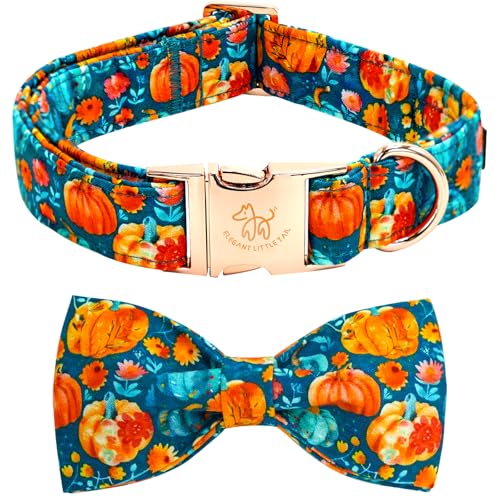 Elegant little tail Fall Dog Collar, Halloween Pet Collars with Bow Cute Pumpkin Print Puppy Collar Female or Male Cotton Adjustable Collars for Small Medium Large Dogs - color: Blue&Orange Pumpkin, size: X-Small (Pack of 1)