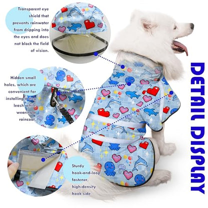 Dog Raincoat, Adjustable Rain Jacket with Hooded Double Layer for Large Medium Small Dogs Puppies, Lightweight Waterproof Rain Coat Poncho with Reflective Stripe Ocean Dolphin Blue,S - color: Ocean Blue, size: Small