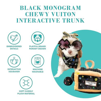 Haute Diggity Dog Chewy Vuiton Trunk Puzzle with 3 Plush Squeaky Dog Toys, Soft Durable Designer-Inspired Stuffed Puppy Chew Toys for Small & Medium Dogs, Machine-Washable (Black Monogram) One Size - color: Black Trunk, size: One Size