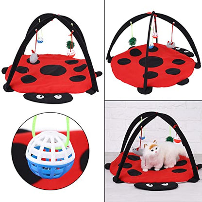 Foldable Cat Activity Play Mat Tent, Multi Function Cat Tent Activity Center with Hanging Toy, Cat Activity Center Pet Kitten Cushion Bed Hanging Balls Padded House Center for Cats Exercise Stay