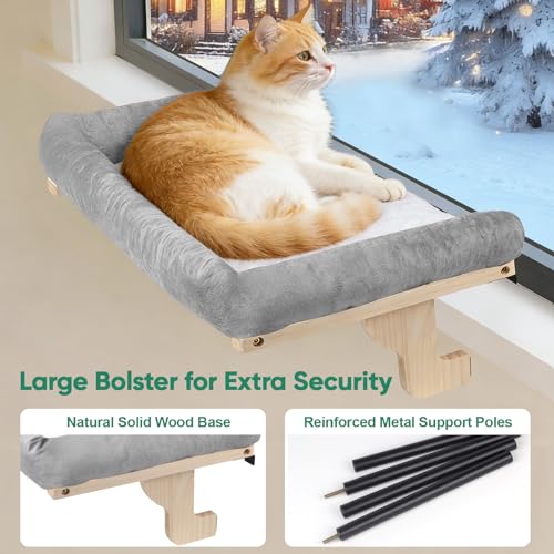 Cat Window Perch with Bolster, Large Hammock Bed for Indoor Cats, Solid Wood & Metal Frame Mounted Perch, Cozy Sunbathing Lounge Bed, 25” Wide (Grey Bed) - color: Gery