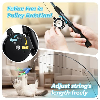 Pawaboo Cat Teaser Wand Toys, Cat Fishing Pole Toy with 3 Pack Feather Refills, 3-Section Retractable Kitten Feather Toys with Pulley, Indoor Cats Teaser Catcher Exerciser with Bell, Blue - color: Plush-Blue