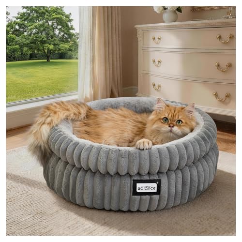 BALANCE Cat Bed Kitten Bed, Washable Round Cat Beds for Indoor Cats, Super Soft Plush Faux Fur Pet Bed for Puppy and Kitten with Anti-Slip Bottom - color: Grey, size: 20.0"L x 20.0"W x 8"Th
