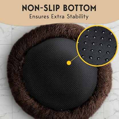 PetJett Dog Beds Large Sized Dog - 36'' Calming Round Bed, Anti-Slip & Washable Super Soft Donut Bed, Fluffy Faux Fur Anti-Anxiety Premium Comfort Pet Bed, Fits Dogs up to 80 lbs - Brown - color: Brown, size: Large - 36”L x 36”W x 8”Th