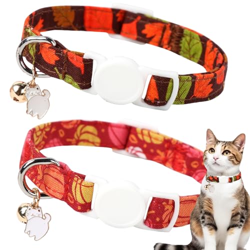 Unique style paws 2 Pack Kitten Collar Breakaway with Bell & Pendant, Adjustable Safety Cat Cotton Collars for Girl Boy Cats and Small Pets - color: deep mapleleaf & pumpkin