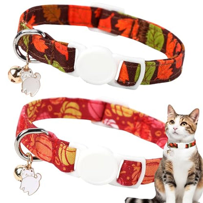 Unique style paws 2 Pack Kitten Collar Breakaway with Bell & Pendant, Adjustable Safety Cat Cotton Collars for Girl Boy Cats and Small Pets - color: deep mapleleaf & pumpkin