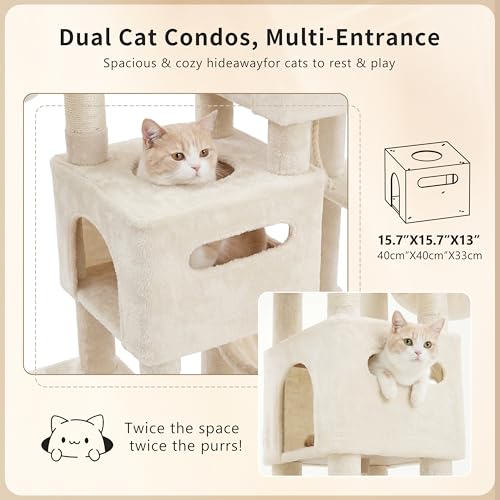 Heybly Cat Tree, 74.8-Inch Spacious & Tall Cat Tower for Large Cats, Cat Furniture with Large Top Perch, Solid Base, 2 Cat Condos, Hanging Hammock, Durable Sisal Scratching Posts, Beige HCT062M - color: Beige