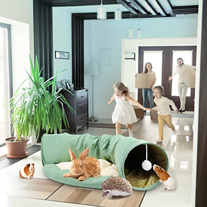 BWOGUE Bunny Tunnel Bed, 2-in-1 Collapsible Tunnel Tubes Toys with Removable Mat Hideout for Cats Kittens Rabbits Guinea Pigs Kitty - color: Green