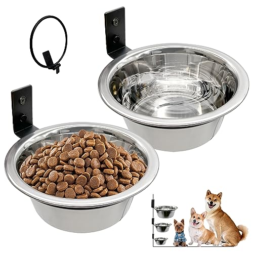 Hamiledyi 2 Pack Wall Mounted Elevated Dog Bowls - Adjustable Height Stainless Steel Raised Food & Water Bowls with Collapsible Stand for Medium & Large Dogs & Cats (M)