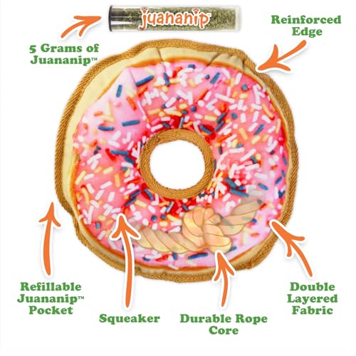 Doggijuana Doggi Duo Refillable Juananip Toy Bundle | Pink Donut & Juananip | Funny Dog Toy Plush with Catnip and Refill | Interactive Chew for Play - style: Pink Donut & Juananip