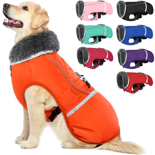 QBLEEV Warm Dog Coat Reflective Dog Jacket, Waterproof Dog Winter Coat Turtleneck Dog Clothes for Cold Weather, Thick Fleece Dog Snowsuit Christmas Dog Vest Pet Apparel for Small Medium Large Dogs M - color: Orange, size: Medium