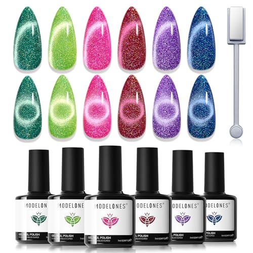 modelones Cat Eye Gel Nail Polish, 6 Colors Glitter Summer Red Pink Purple Green Blue Gel Polish Set with Magnet Sparkle Nail Gel Polish Kit Soak Off Led Nail Art Manicure Salon DIY Gifts - color: A-1 Gem Glow