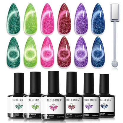 modelones Cat Eye Gel Nail Polish, 6 Colors Glitter Summer Red Pink Purple Green Blue Gel Polish Set with Magnet Sparkle Nail Gel Polish Kit Soak Off Led Nail Art Manicure Salon DIY Gifts - color: A-1 Gem Glow