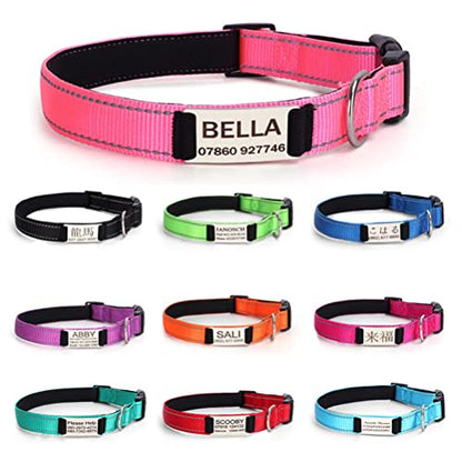 Custom Nylon Reflective Dog Collar with Name Plate, Personalized Laser Engraved Nameplate Id Number Tag Tel, Cat Collar Adjustable for XS Small Medium Large XL Pet Puppy Kitten