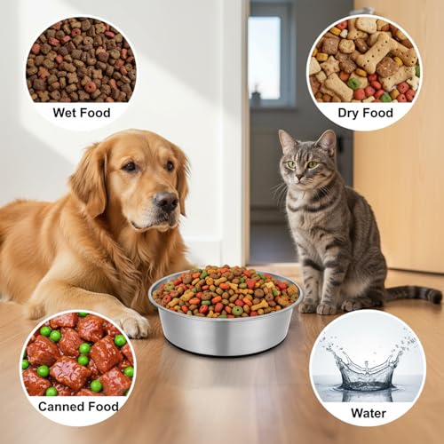4 Pcs 8 Cup Stainless Steel Dog Bowls for Food and Water with Silicone Base Anti-Slip, Heavy Duty Extra Thick Anti Rust Metal Bowls for Medium Dogs (67oz, Black)