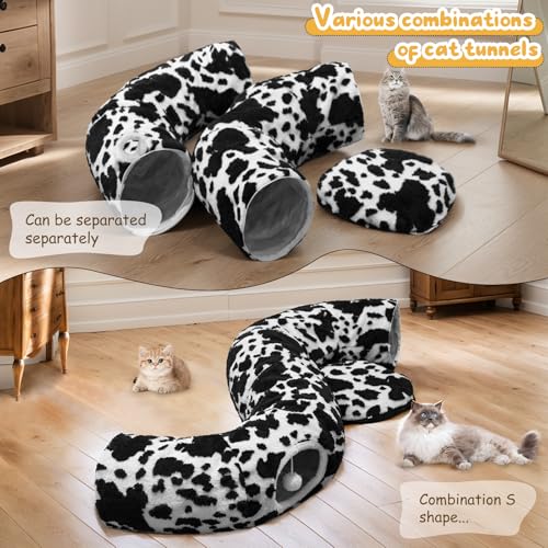 Cat Tunnel Bed for Indoor Cats, Soft Plush Donut Peekaboo Cat Cave, Multifunctional Playground Toy for Small Medium Large Cats, Kittens, Rabbits, Ferrets, with Washable Cushion (Black&White) - color: Black&White