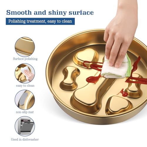 Golden Stainless Steel Slow Feeder Dog Bowls – Non-Slip Metal Dog Bowl for Large & Medium Breeds, Puppy Puzzle Feeder – 2 Cup Capacity for Small to Big Pets – Durable Slow Feed Dog & Cat Food Dish - color: Bone&Heart-Golden