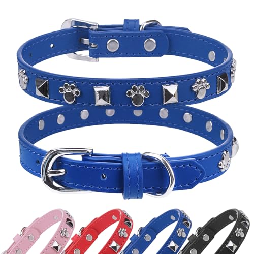 SCENEREAL Leather Dog Collars for Small Medium Dogs with Rivet, Adjustable Studded Cute Dog Collar for Pet Boy Girl Kitten Cats, Bling Spiked Puppy Collars, Blue S - color: Blue, size: Small (Adjustable Neck 11"-14")