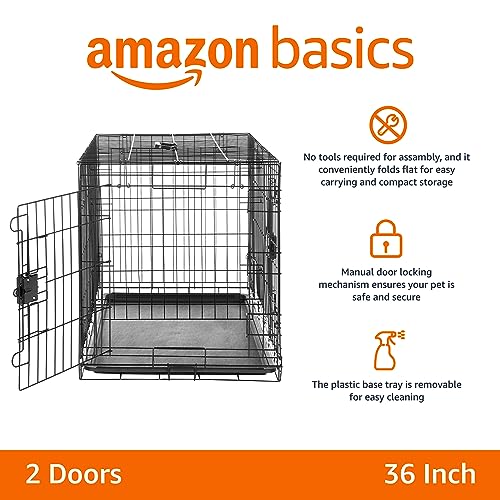 Amazon Basics Portable, Easy to Assemble, Foldable Metal Wire Dog Crate with Removable Tray, Double Door, Divider Panel, Handle, 36" x 23" x 25", Black - size: 36.0"L x 23.0"W x 25.0"H, style: Double Door w/ Divider