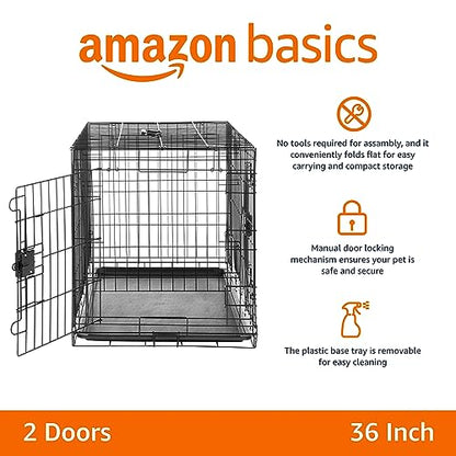 Amazon Basics Portable, Easy to Assemble, Foldable Metal Wire Dog Crate with Removable Tray, Double Door, Divider Panel, Handle, 36" x 23" x 25", Black - size: 36.0"L x 23.0"W x 25.0"H, style: Double Door w/ Divider