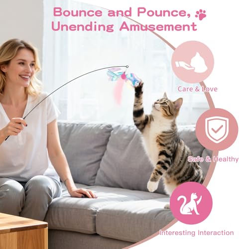 Pawaboo Feather Teaser Cat Toy, Interactive Feather Wand Cats Toy Flying Feathers Cat Catcher with Extra Long 34.5" Wand and Small Bell, Exerciser Playing Toys for Kitten or Cats, Pink Butterfly - color: Pink Butterfly