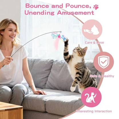 Pawaboo Feather Teaser Cat Toy, Interactive Feather Wand Cats Toy Flying Feathers Cat Catcher with Extra Long 34.5" Wand and Small Bell, Exerciser Playing Toys for Kitten or Cats, Pink Butterfly - color: Pink Butterfly