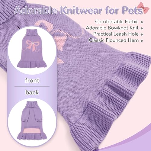 Bowknot Dog Sweater Dress for Small Dogs Girl, Stretchy Pet Sweaters Pullover Coats, Fall Winter Warm Dog Turtleneck Sweater (Purple, M) - color: Purple, size: Medium (9-15lbs)